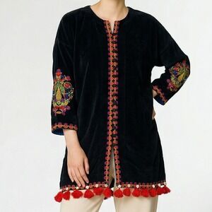 Khaadi Black Corduroy Embroidered Tassel Kurta Tunic Top 6 Floral artisan Folk